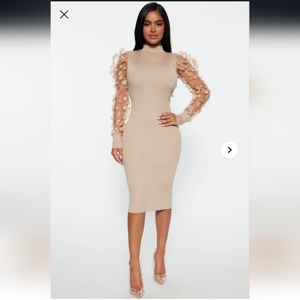 Fashion Nova Beige Dress with Floral Accents